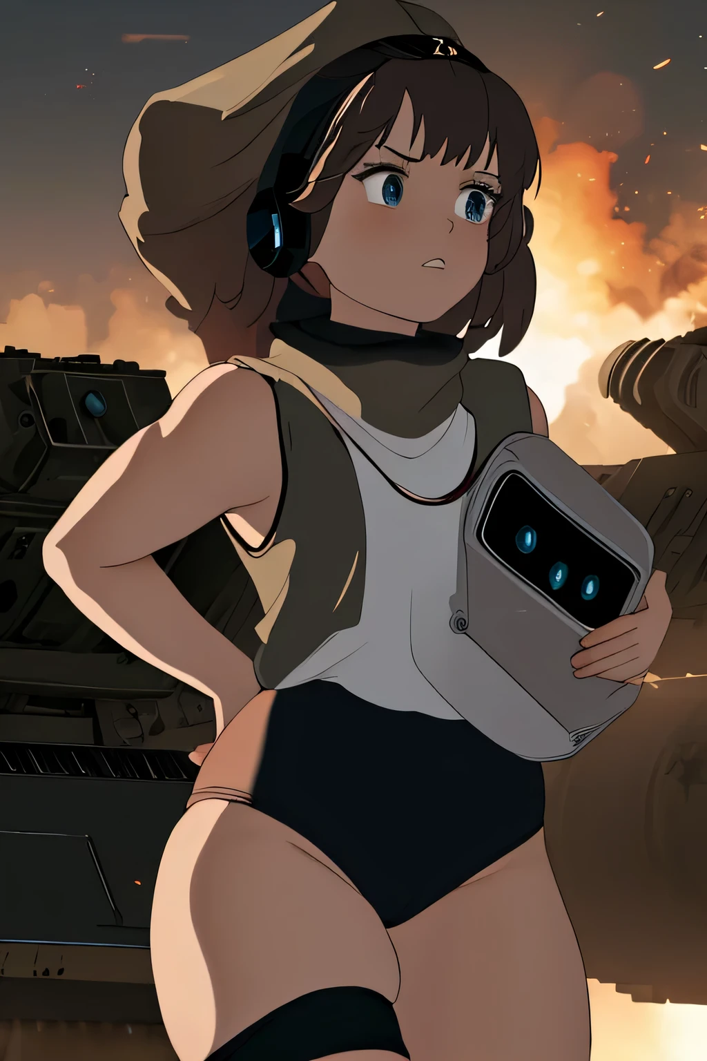 masterpiece , best quality, highres ,1girl,black long hair ,Angry face , beret, blue eyes, black gymnastics bloomers,high leg,self wedgie , flat chest , sleeveless,Victorian blouse, gloves, ultra detailed , Standing, (masterpiece, best quality, anime style, realistic military theme, tactical movement), girl in modified modern military uniform, tactical jacket and black gymnastics bloomers,high leg ,self wedgie,with armor pads, equipped with assault rifle held at the ready, moving alongside a modern main battle tank, dust and debris in the air, crouched or low-running posture, alert expression, helmet with headset and goggles, utility belt and combat boots, battlefield background with smoke, destroyed buildings, spent shells, cinematic lighting and war atmosphere
wearing a black gymnastics bloomers,high leg ,self wedgie,vomiting blood,squating,explosion,vomiting blood,arched back