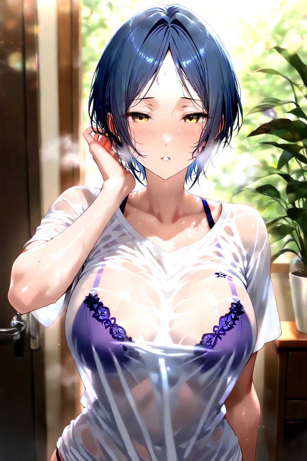 High resolution, woman , good lighting, despicable, , (No nudity), (((navy blue school swimsuit))), (navy blue school swimsuit), cute face, I'Iは恥ずかしくて赤面します, humiliating, ((sit with legs spread)), ((wet with sweat))((sticky liquid adheres to the body))sit on the bed in the room、
