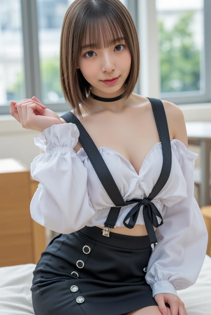 ((カフェの前に座るMature Woman)),((Cut-and-sew top with a wide open chest:1.3)). (((Wearing a knee-length flared skirt)))40k, photograph, masterpiece, Highest quality, Dark Gray Background, ((Mature Woman, wife)), ((Very large breasts)), perfectionな顔, perfection , ((Expressing nipple protrusion)), ((A girl with brown eyes and beautiful light black short bob hair)). ((A rounded hairstyle that follows the lines of the face))((Wear rimless glasses))Beautiful Japanese Women,very, Soft breasts and white skin, ((very柔らかい胸)). Highly detailed face, Detailed eyes, Embarrassing, smile, summer, Daytime, (((Express the whole body))), ((Squat posture))((Squatting with legs apart))