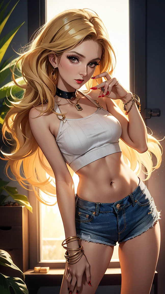 22 year old white female、Hair color is platinum blonde、blue eyes、long hair、straight hair、setting hair、accessories on wrist、I'm wearing a choker、skin is smooth、smile、Slender but muscular body、My heart is pounding、My abs are cracked、I can see my bellybutton、wearing slit sleeve tops、I'm wearing low rise pants、I'm wearing pumps