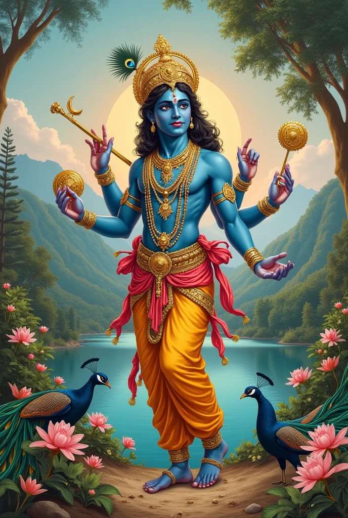 A painting of a Hindu god with a lotus flower, vishnu, standing gracefully upon a lotus, Ride the Golden Wheel,conch,Vajra pestle,Glossy blue skin,Perfect body structure,Blue sky,Light,hindu aesthetic, attractive male deity, hindu god, indian god, hindu art, historical image, stylish deity, hindu, Hindu gods,Extremely detailed,4K,ultraclear,