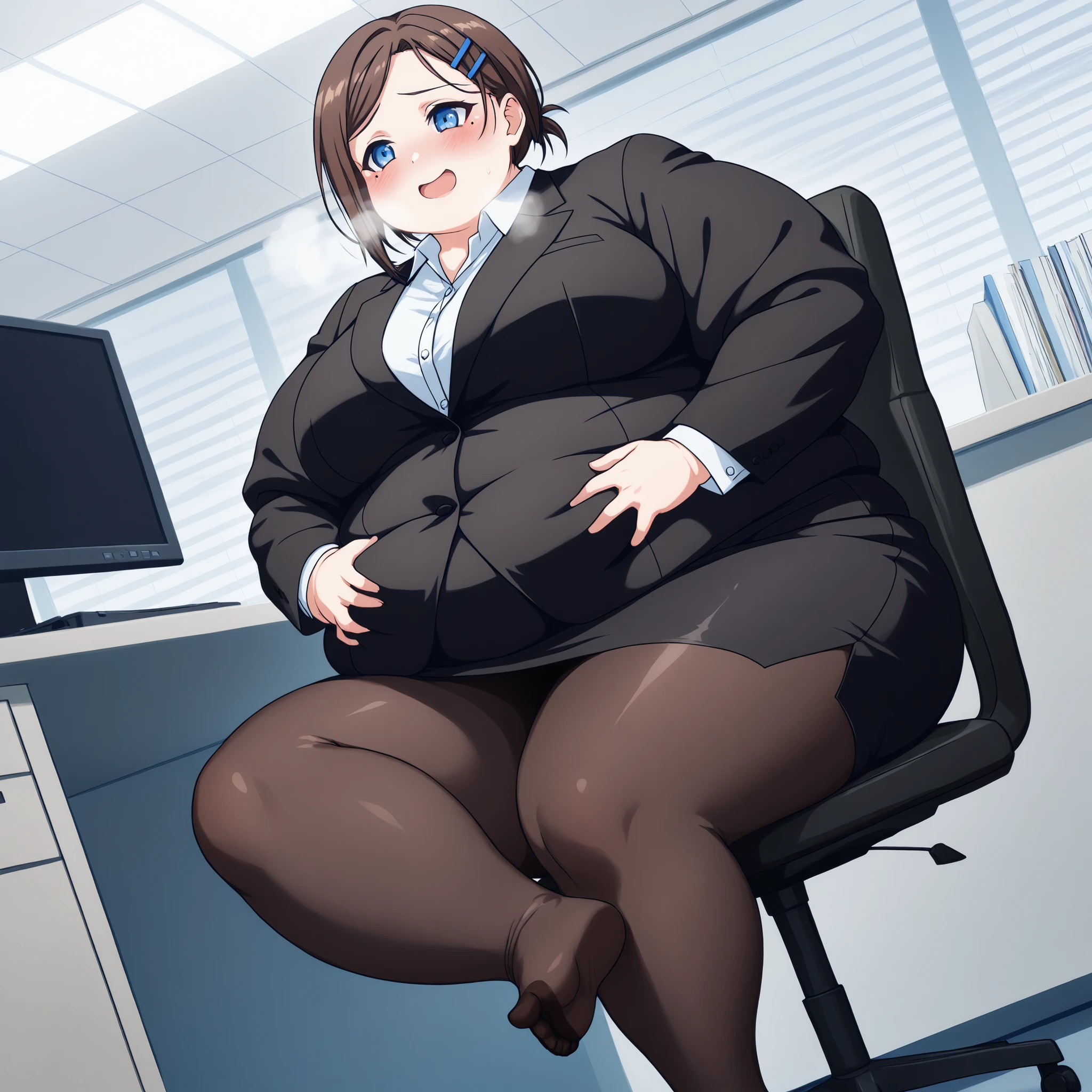 (masterpiece, detailed, realistic:1.2), young business woman, USSBBW, (morbidly obese, fatblob:1.3), (detailed, beautiful face:1.2), sitting on chair, board meeting, profit chart