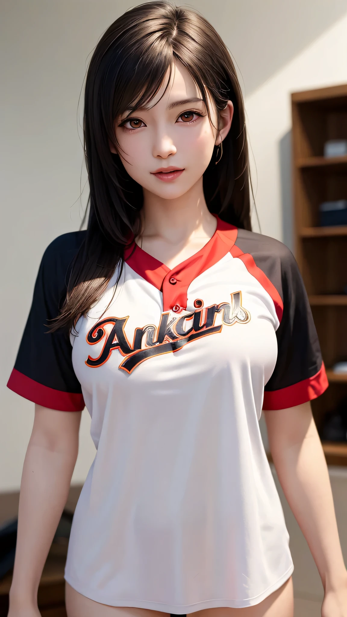 table top, highest quality, 8k, 8-year-old, teen, RAW photo, absurd, award-winning portraits, smile, smile, alone, idol face, delicate girl, Upper body, Digital single-lens reflex camera, looking at the viewer, Frank, Sophisticated, thin arms, professional lighting, film grain, chromatic aberration, (Eye and face details:1.0), (Bokeh:1.1) , huge breasts , Vision , bed , lie on your back , perspective from above , close your mouth , volleyball uniform , short hair