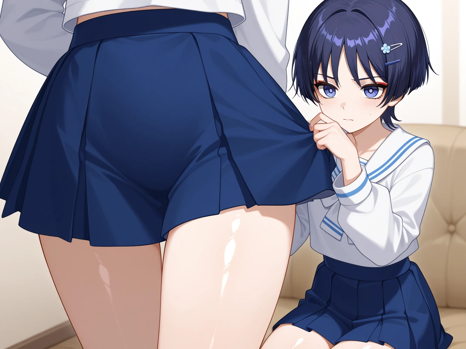 18-year-old,shiny navy hair,short hair,Yellow Eyes,Large Breasts,Small waist,Big Ass, , See-through sailor suit,Navy blue mini skirt,Black underwear,garter belt, ,Split,,Delighted,Feels good,Penetration Sex,Creampie Sex,Various positions