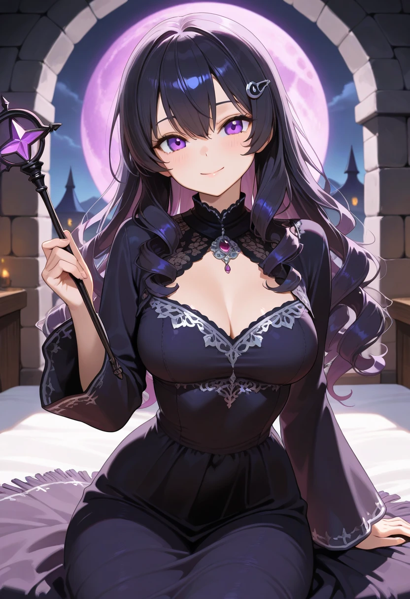 (8k, HD, best quality, intricate details, dark colors, masterpiece: 1.2) a pale lady in regal gothic finery paints the landscape onto a canvas, foldable easel, purple eyes, long black hair, moonrise background, castle setting, small breasts