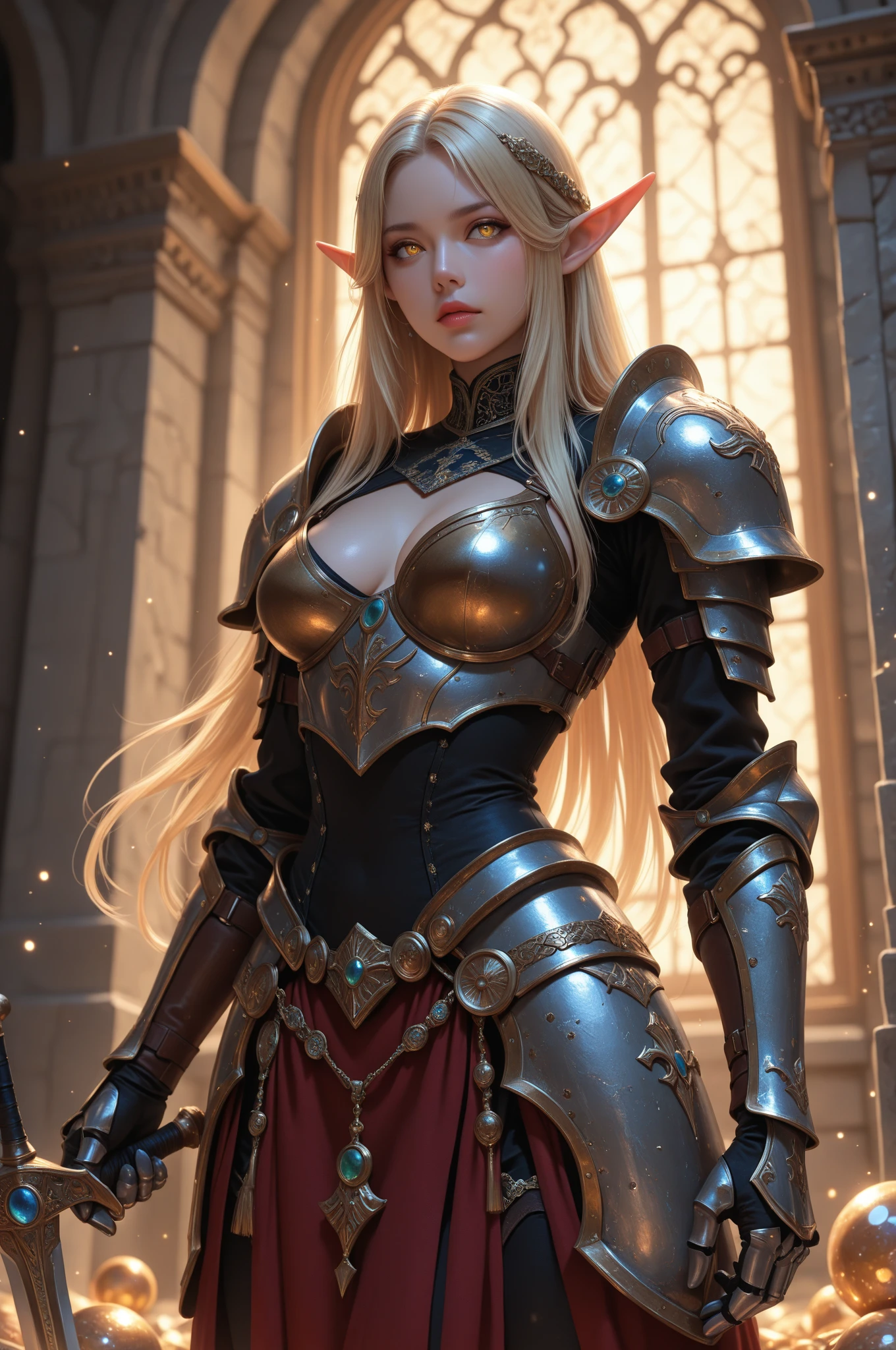 Female elf，Large breasts，Light armor，dramatics，dynamicposes，The background is the castle