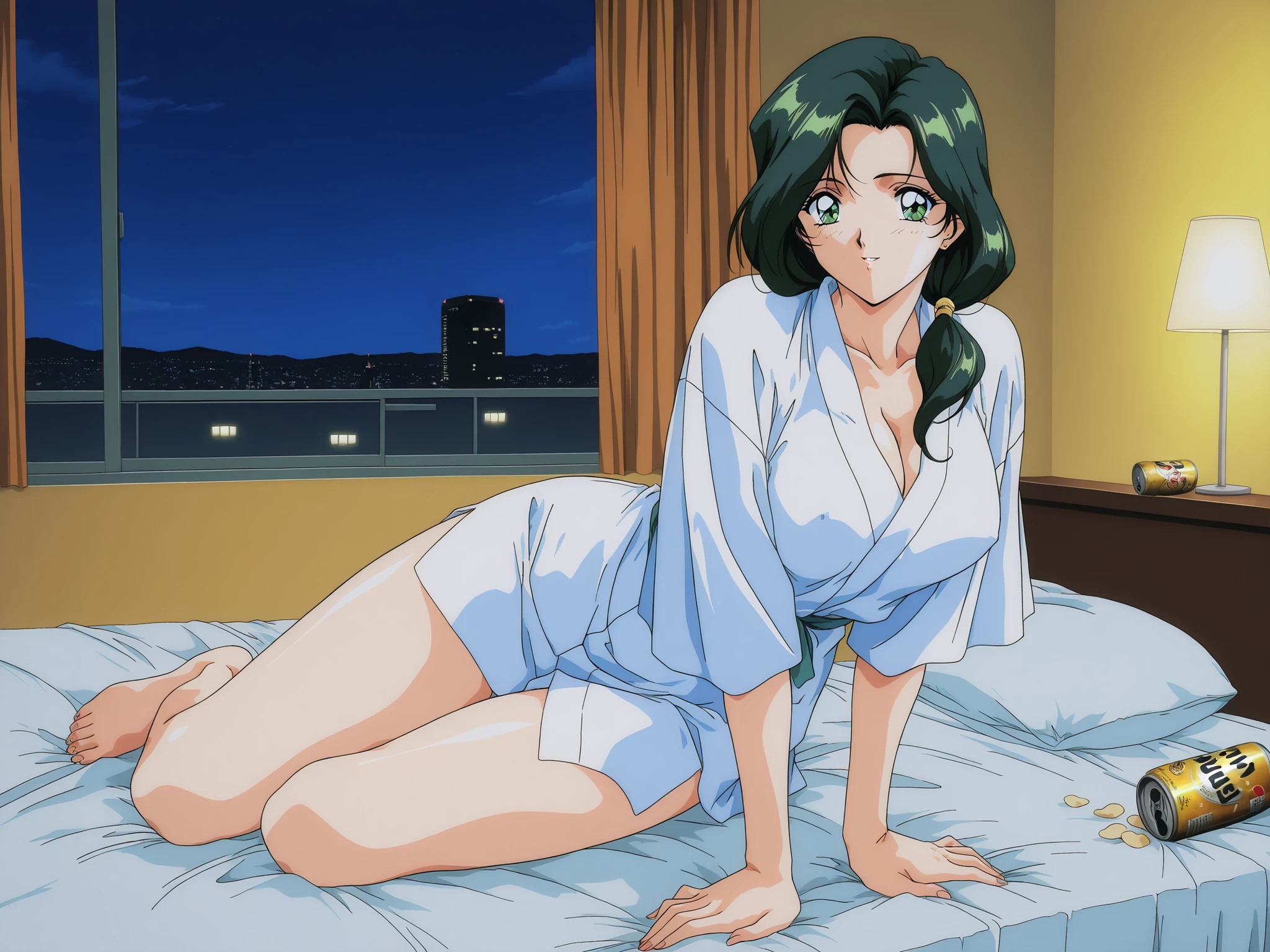 (((solo))),1girl,Sakurai_Sensei,solo, dark green hair, long hair, green eyes, large breasts, low ponytail,1990s (style), anime coloring, general,highres, ultra-detailed,very aesthetic,best quality ,best hands, BREAK,hotel rooms,bed,TV,night,canned beer, potato chips, loungewear,barefoot,(((solo)))