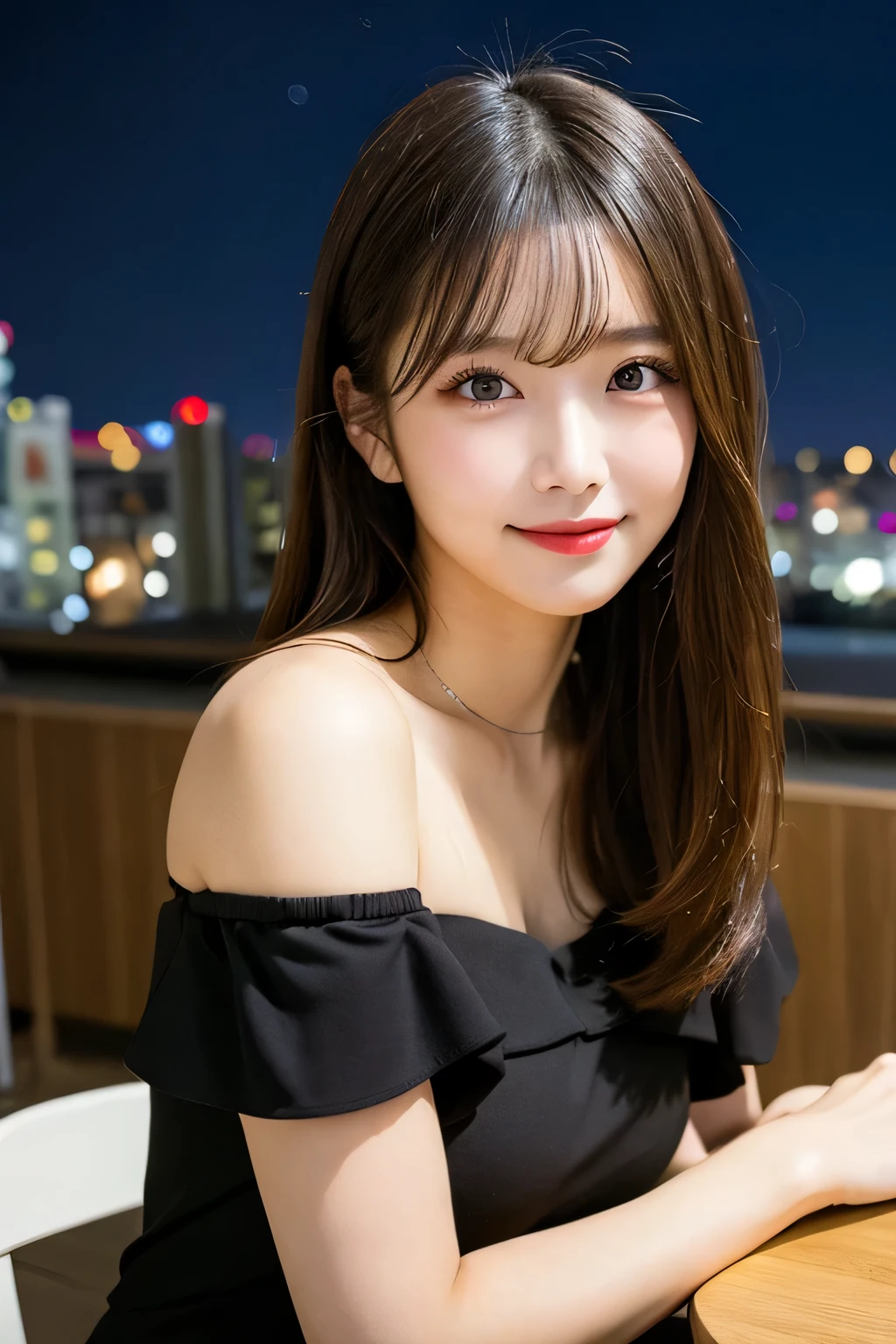 masutepiece, Best Quality, Illustration, Ultra-detailed, finely detail, hight resolution, 8K Wallpaper, Perfect dynamic composition, Beautiful detailed eyes, she is wearing a black long sleeve knit,Medium Hair,Natural Color Lip, Bold sexy poses,Smile,Harajuku、20 years girl、Cute、Sexy shot looking at camera、C Cup、Brown hair、cacique#39;s face、Blurred night mountain campsite bonfire background