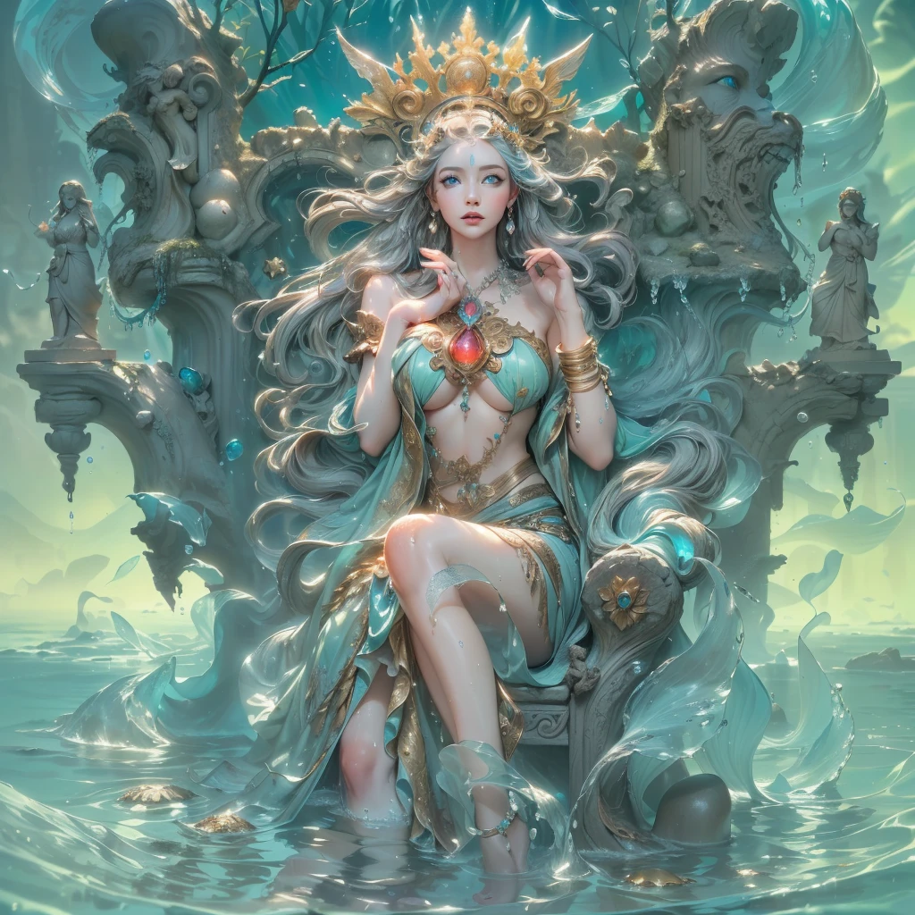 there is a woman sitting on a stool in a room, sitting in her throne underwater, closeup fantasy with water magic, cyborg - girl with silver hair, sitting on the porcelain throne, sitting on ice throne, on an icy throne, art nouveau octane render, sitting on her throne, sitting on a metal throne, silver hair girl, sitting on a stool