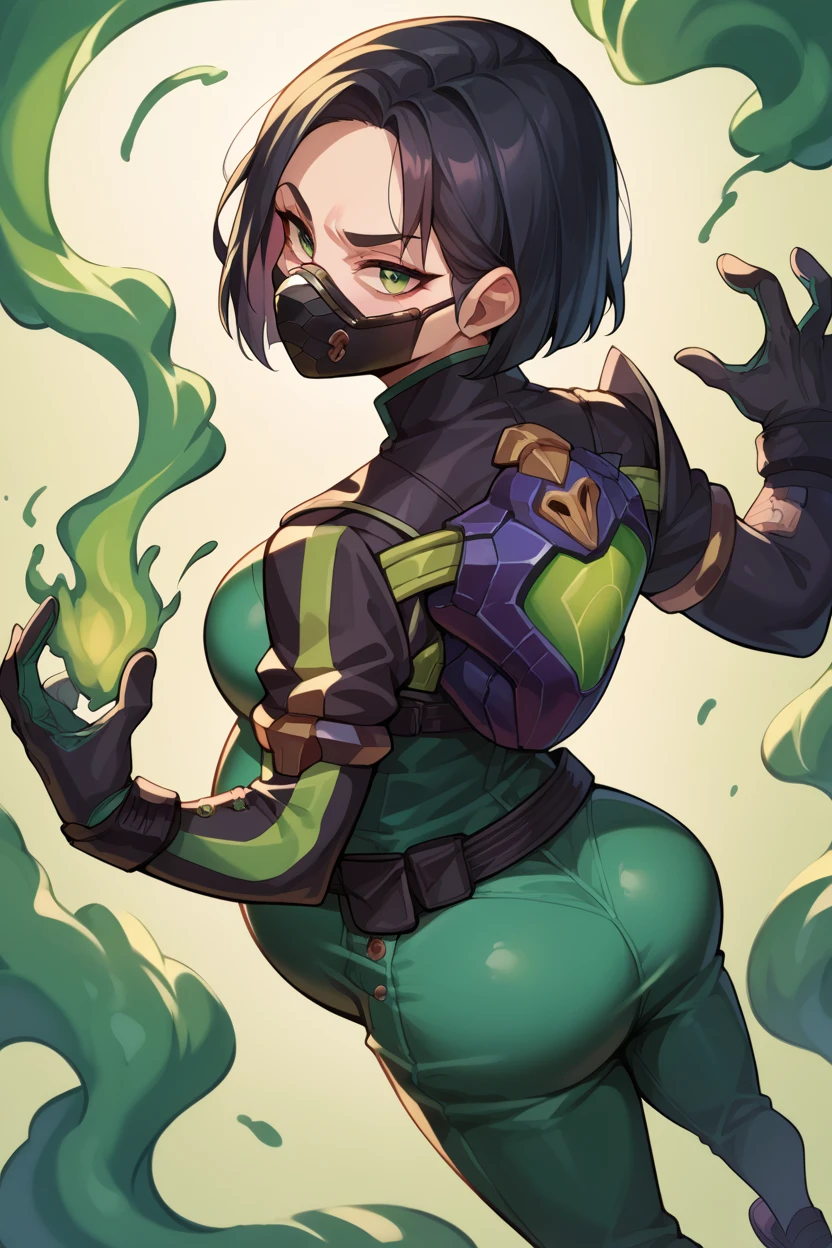 (Obra maestra, Mejor calidad:1.2), solo, 1 chica, valorantViper, respirator, seiza, arms behind head, Ojos verdes, mono, guantes, belt, botas hasta el muslo, sexy, big breasts