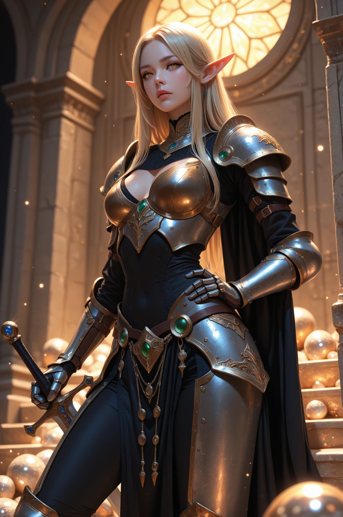 8K,holy knight with sword,Gorgeous black and red extra large chest armor(An elaborately crafted noble coat of arms),luxury black and red pants,super beautiful(like the real thing),ultra high resolution,Super realistic,realistic skin,blonde curly hair,big blue eyes,muscular slim body,クールなsmile,purple rouge,background,battlefield,Gorgeous black and red shoulder armor,Gorgeous black and red waist armor,Luxurious black and red instep,fantasy art,character art,battle scene,action scene,action pose,sexy cleavage,paladin,Looking down on her big cleavage from above,masterpiece,masterpiece,Photorealistic RAW photos of the highest quality。bright colors,rich colors, Backlight, cinematic lighting, film grain, to be born, 50MM lens, Nikon D850,realistic skin,fantasy art,character art,ultra high resolution,realistic scale skin,Macho with a muscular slender body,Severely cracked abdominal muscles,golden eyes(Golden Glitter Effect),Severely cracked abdominal muscles(Super realisticな肌),smile,