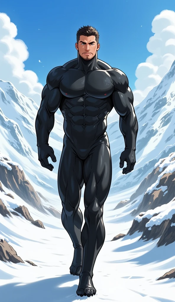 (Avengers style Black Panther), (pose:1.3), (posing:1.3), (soft shading), 4k, hi res, five fingers, detailed hands, ((detailed face, (detailed eyes:1.3), detailed)), ((focus on full body)),show legs,show feet,(by takahirosi:1.5), solo, looking at viewer, 1boy, snow background with ice, navel, standing, full body, male focus, abs, biceps, flexing,((nude)), smile,furry
