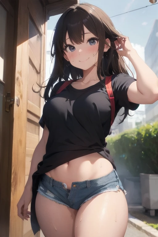masterpiece, best quality, ultra detailed, highres, extremely detailed CG unity 8k wallpaper, perfect lighting, very detailed background, beautiful and aesthetic,sharp focus, perfect face,
1lady、 smiling、
short brown hair, large light brown eyes、delicate oval face, middle breasts、Slim figure、
crop top、denim shorts、
thin thong、barefoot、
View of the ass. view from below.
Ambient light、Volumetric Light