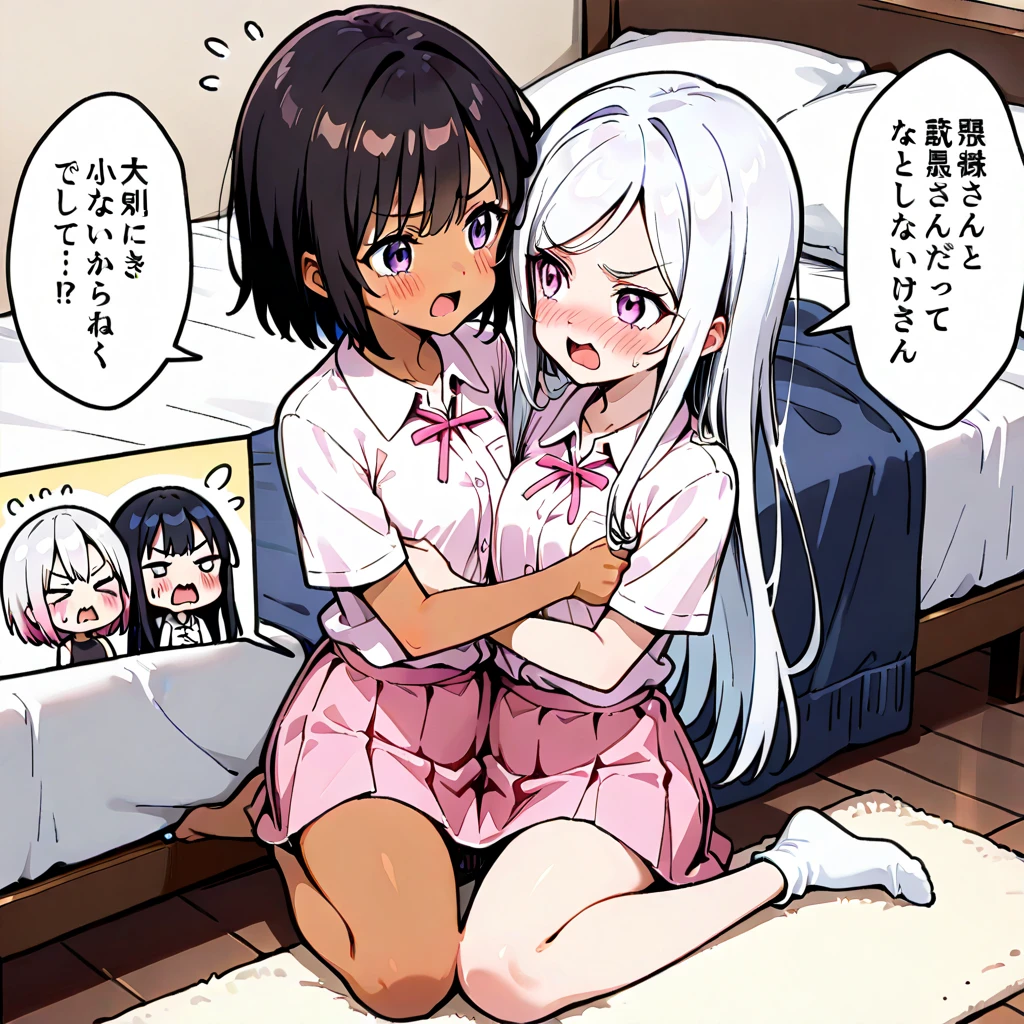 Browsing Caution,Vulgarity,lily[:1.5],Three people[:1.5],,Silver Hair, cute, Embarrassing, White blouse, Black knee-length skirt, Black knee-high socks,, ,Pink Good,Pink Panties,,Spread your legs,Love Juice,Pussy juice stain,Long black hair,White socks､,Folded[:1.2],Grab their legs and hug them ,See through,stand up[:1.2],On the bed[:1.5],Lift from behind,,Skewers,Strawberry Blonde Hair,Put your body between their legs