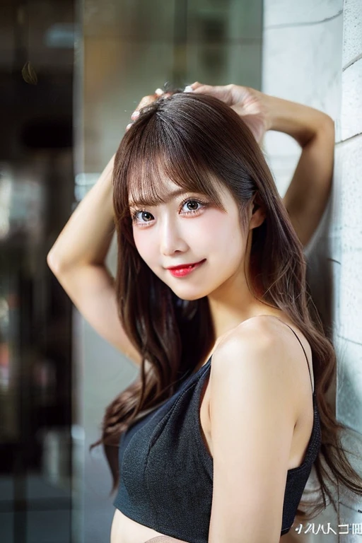 Tabletop, Highest quality, shape, Very detailed, finely, High resolution, 8k wallpaper, 完璧なダイナミックな構shape, Beautiful and detailed,ランダムなcute髪,,Natural color lip, Bold sexy pose,smile、20-year-old girl、cute、Looking into the camera,Always blur the background,Perfect and beautiful face,Slim face and figure,Big eyes、Putting on gal makeup,Small face,Shooting from below、smile,Blurred Background,Elegant feminine face、Cyberpunk Fashion、smile、Cosplayers