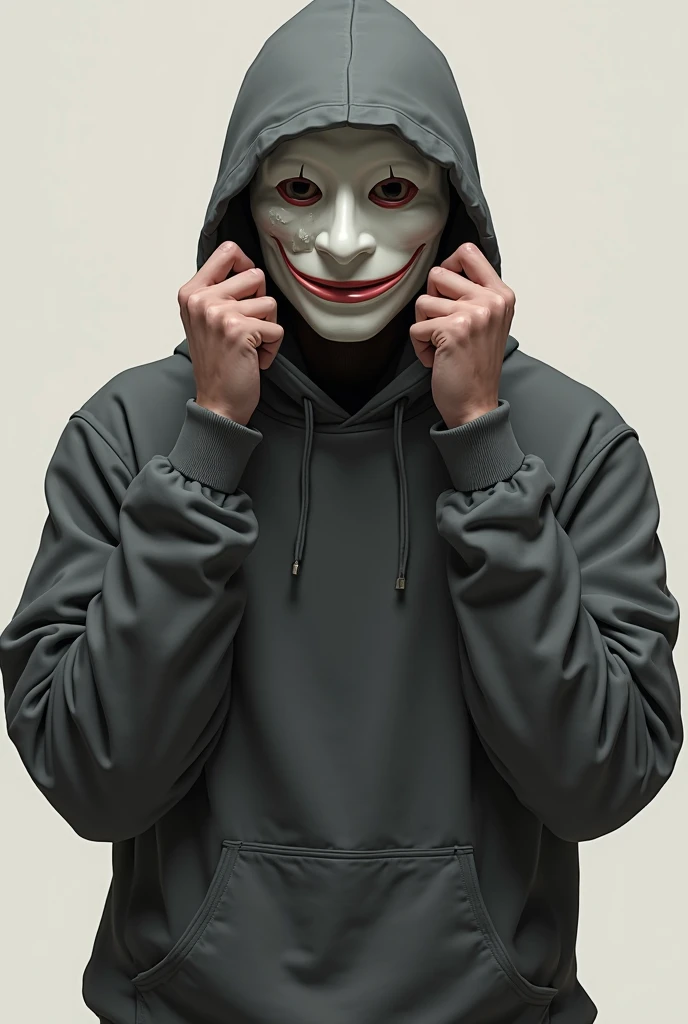 Terrifying hooded young man with a lead sweatshirt and a smiley face mask and with his hair covering half of his face with scissors covered in blood