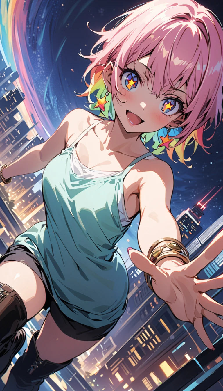 (beautiful girl : 1.3),1 girl,(camisole,bracelet,earrings,boots,(star-shaped pupil,+_+,symbol shaped pupil,Sparkling Eyes)),rainbow hair,short asymmetrical cut,Smile Yan, cubism background, Starry Night Sky,Skyscrapers,Dynamic Angle,masterpiece,top quality,Rich Contrasts,High Definition,8k,High Definition CG Unit Wallpaper,Textures,unbelievably absurd,RAW pictures,Deep Border 1 .2,very detailed