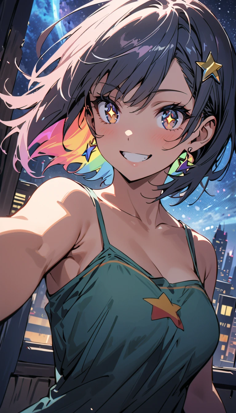 (beautiful girl : 1.3),1 girl,(camisole,bracelet,earrings,boots,(star-shaped pupil,+_+,symbol shaped pupil,Sparkling Eyes)),rainbow hair,short asymmetrical cut,Smile Yan, cubism background, Starry Night Sky,Skyscrapers,Dynamic Angle,masterpiece,top quality,Rich Contrasts,High Definition,8k,High Definition CG Unit Wallpaper,Textures,unbelievably absurd,RAW pictures,Deep Border 1 .2,very detailed