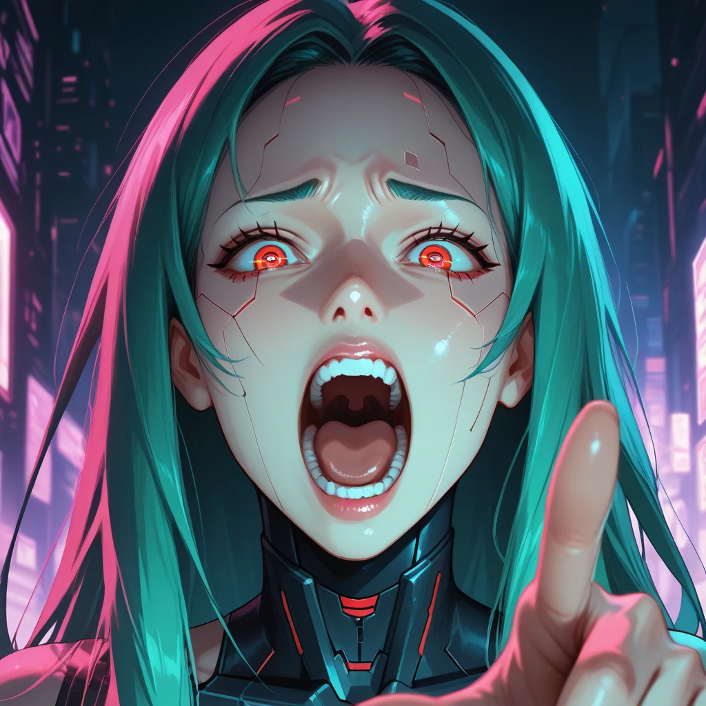 Cyberpunk woman with long hair pointing to the center , Screaming to ...