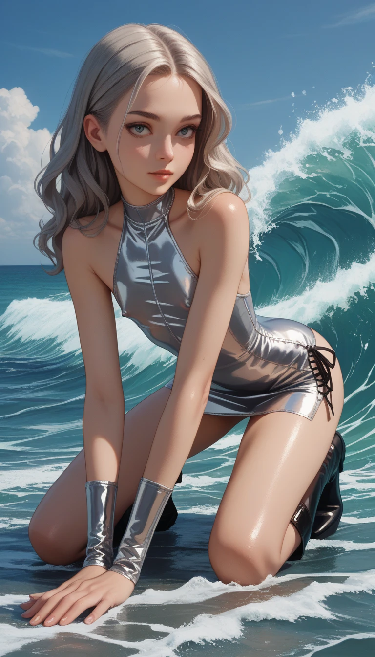 , Short gray hair, , 8K images, Best quality at best, sea beach, ((((Bottom-up view)))), (((Fair and shiny skin)))
