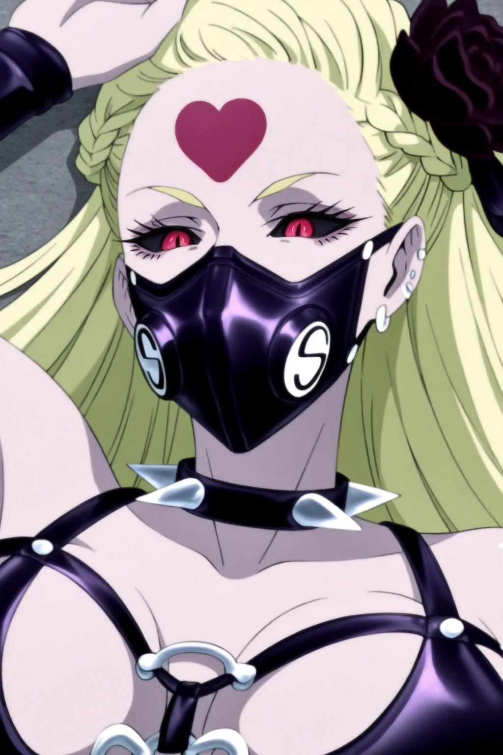 1girl, solo, pink hair, ((((((blindfold)))))), (((long hair))), (((high and thin pony tail))), (((hair bow))), adult, adult tall, (((black enamel bondage))), thigh high boots, (((elbow gloves))), (((black clothes))), (((dare shoulder and shoulder skin))), medium breasts, fair skin, perfect proportion, (((animal collar))), straight back hair, shiny clothes, beautiful, (((straight pony tail))), (((on all fours, hands on the ground, chain leash, viewer holding chain leash))), (((baby face))), smile broadly, bdsm, full face blush, evil grin, looking at viewer, rape face, sadistic smile, dominatrix, mistress, scary face, squinting eyes, furrowed brow, flown, ultra detailed beautiful face, (((dare stomach))), fang, (((big connected teeth))), Emotional eyes, (((cowboy shot))), gleaming skin, oil skin, shiny skin, glaring smile, smirk, mocking, dimpled smile, beautiful skin, Patronizing, masterpiece, ultra detailed, best quality, masterwork, super fine illustration, cg unity 8k wallpaper, ultra high res, anime best girl, anime screencap, anime stile, beautiful portrait of cute anime girls, 
