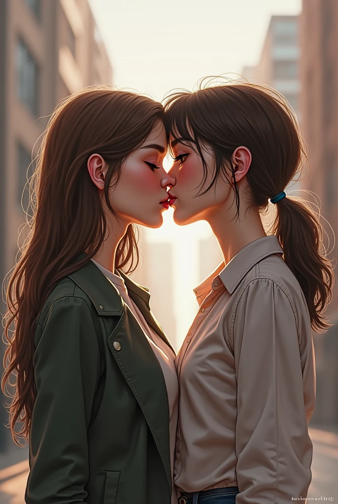 (masterpiece, top quality), lesbian love Incredibly beautiful young couple kisses passionately face to face on the street.. This illustration boasts a shining, loose hair,, accented with a leather pilot&#39;s hat, decorated with intricate decor.. Her outfit shows off a leather jacket.. Her pants are punk, their large breasts squeezed from the touch.. She poses dynamically and seductively., her charming facial expression, captured directly on camera, radiating an aura of confidence and defiance. Фон этого masterpieceа просто захватывает дух., with