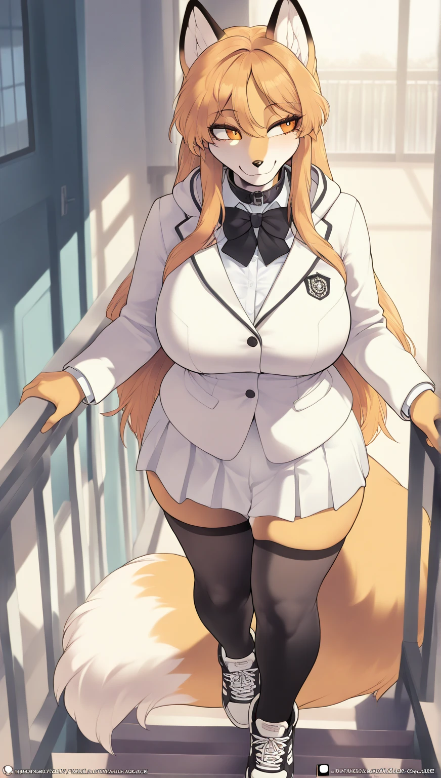 (high res), ((masterpiece)) , ((best quality)), illustration, beautiful, highly detailed, perfect eyes, vibrant colors, perfect lighting, 1girl, (furry, rabbit girl:1.1), yellow body, beige counter-shading, purple eyes, (huge woman, milf, really tall, fit:1.1), (blonde hair, straight hair), clothed, (white blouse, white head band, long black suspenders skirt, fuzzy boots:1.2), smile, looking at viewer, mall background, sun rays,