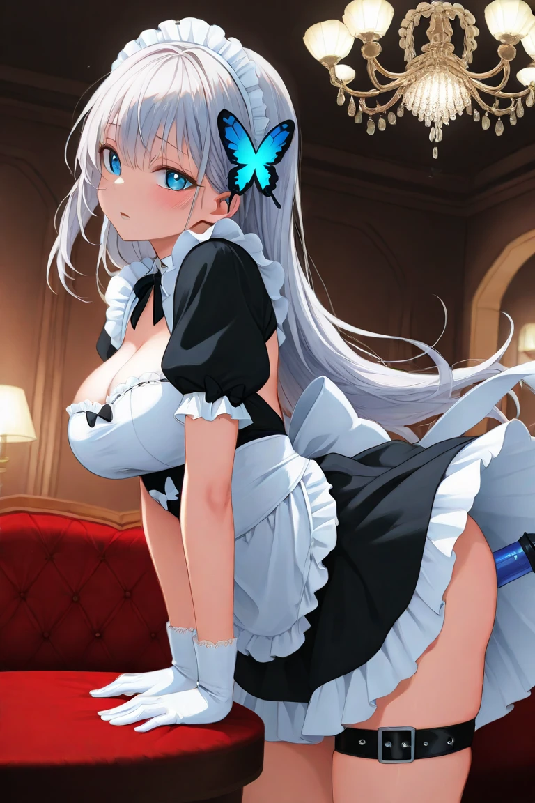 Rem Re:zero Passionate, gentle look, cat ears, big breasts, collar with bell, maid uniform with good cleavage, medium breasts, firm breats, cat tail. cat pose, Very sexy, perfect body