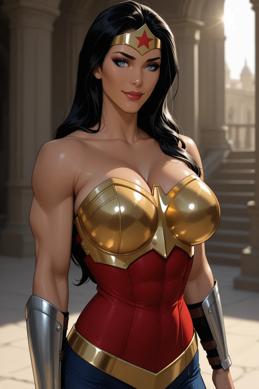 (Masterpiece, 4k resolution, ultra-realistic, very detailed) sexy beautiful female superheroine ,, (jet black hair) ponytail, ( red Ancient roman outfit) red , with a golden Star, wears (a golden tiara with a red gem on forehead) , golden bracelets, long red boots, and red skirt full body in the style of realism, glistening skin, , natural lighting, Defined full lips. fitness feminine body. in the style of realism, glistening skin, , natural lighting, Defined full lips. Muscular fitness feminine body