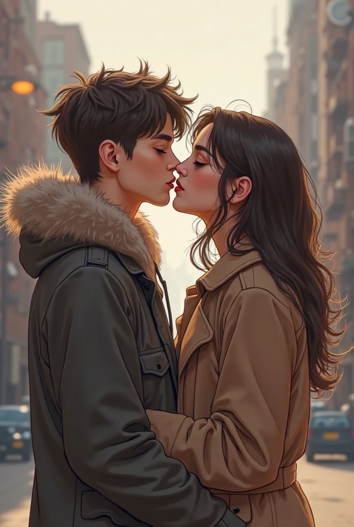 they are kissing each other on the street in the city, couple kissing, couple pose, lovely kiss, by Emma Andijewska, roberto ferri and ruan jia, kissing together cutely, by Galen Dara, by Zofia Stryjenska, by Arthur Sarkissian, kissing together, maxim sukharev, by Micha Klein
