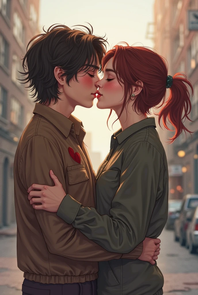 a girl is crying, sad, clinging to a guy, a guy calms a girl, a pink sunset, a romantic magical atmosphere, facing each other, side view, looking at each other, hugs, (1 girl, 1 guy: 1.5), (30 years: 1.5), (masterpiece: 1.3), illustration. (beautiful detailed light: 1), (beautiful detailed face: 1,4), (cinematic light: 1,2), over-detailed, (guy: (disheveled hair: 1), (guy: red-red hair) (kisses on the forehead: 0.5), blue eyes, (fair skin:1.3), (blue, denim jacket:1.5). 
(girl: short, , brown hair gathered in bunches) rainbow shirt, (girl: fair skin:1,3)), (guy kisses a girl on the forehead) side view, hugs, (beautiful detailed background: 1.3), sunset background, street background, (luminous white particles), (illustration:1.3), masterpiece, fascinating illustration, natural beauty