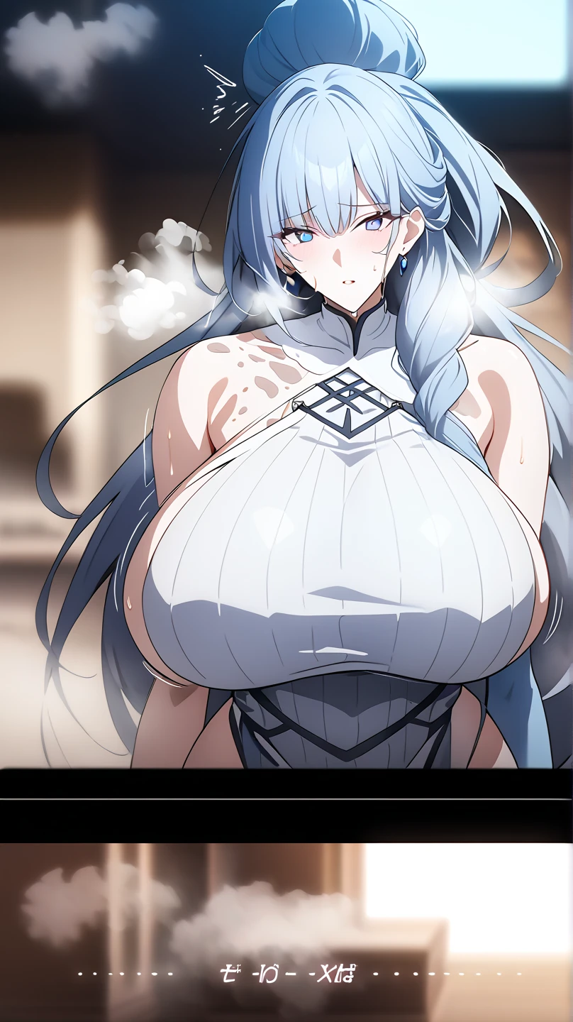 (a miniature woman on a table eating food in front of a giantess: 1.2), (a miniature woman on a table eating food in front of a giantess breasts and face: 1.2), (large breasts: 1.1), long hair, long bangs, cleavage, (from below: 1.2), (from below view foreshortening: 1.1), (gigantic breasts: 1.2), (skinny and tall: 1.1), (mature face: 1.2), (long bangs long hair: 1.2), (2girls: 1.6), (miniature woman: 1.1), (height difference: 1.6), (size difference: 1.3), (looking at another: 1.2), (looking down at her)