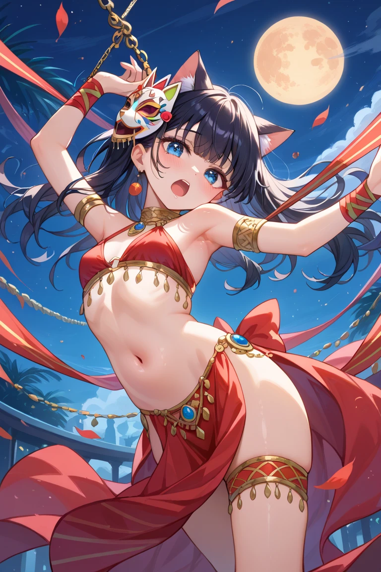 (8K、Best image quality、Highest quality、masterpiece)、Detailed face、 One girl、Black Hair、blunt bangs、twintails、Grey Eyes、evil smile、((Grin))、Earrings、Small breasts、((red bellydancer))、Veil、bracelet、necklace、Decorations、(Belly bulge)、Cowboy Shot、Bedroom Background