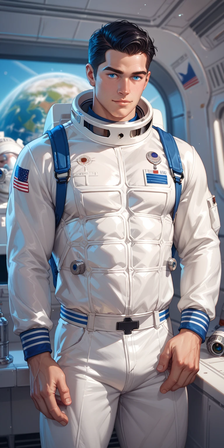 male pilot, (standing close to solar eclipse), landscape, huge sun solar eclipse background, elegant, wearing spacesuit, tight clothes, open clothes, unzipped, blush, masterpiece, best quality, detailed background, depth of field, intricate details, (muscular), (large pectorals), (puffy nipples),