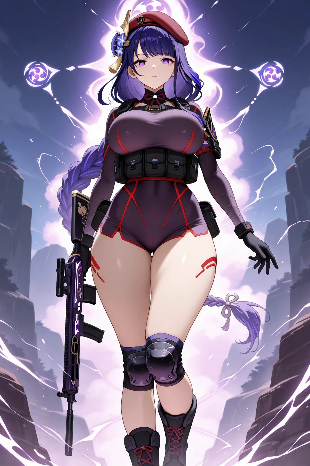 1girl, red eyes, blue hair, very short hair, ponytail, large breasts, hourglass figure, bodysuit, black bodysuit, neon, neon trim, machinery, tech, science-fiction, red glasses, futuristic, smile, standing, full body, ((full body)), long ponytail, braided bonytail, braid, single braid, ((long ponytail)), arms down, hands down