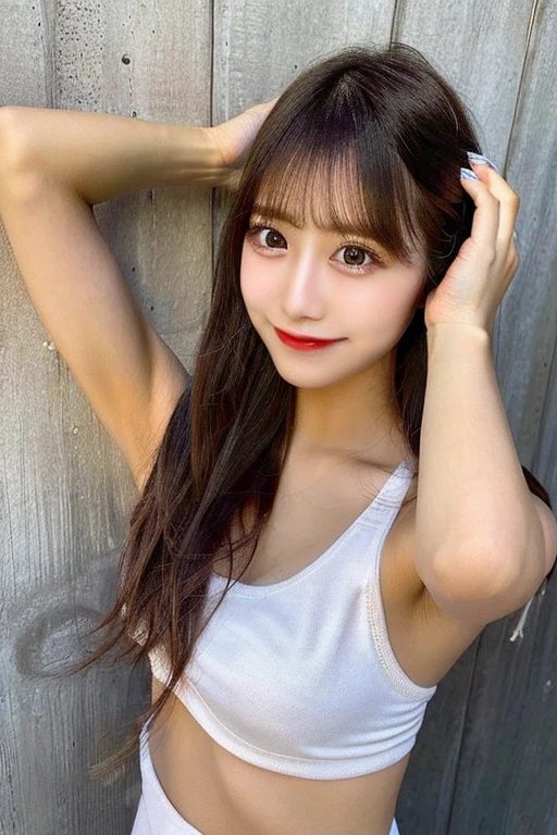 Tabletop, Highest quality, shape, Very detailed, finely, High resolution, 16K, Perfect dynamic composition, Straight hair, Medium Hair, Brown Hair,Natural color lip, smile, 20歳のgirl、cute、beautiful、完璧でbeautiful顔, beautiful and detailed face, Slim face and body, Elegant face,、Japanese idol faces、Small face、Big eyes, Brown eyes, Droopy eyes, 緻密でbeautiful目, girl, , , Front face、Upper body Armpits Please raise your hands and show us your armpits.　smile　cuteポニーテール, 正面からのbeautiful照明 正面を向いて ノースリーブ 二の腕を見せる 二の腕 両手を上げる 両腕を上げる おっぱい 巨乳 谷間 　Beautiful thighs in shorts, plump thighs, legs shining with sweat, thighs shining with sweat, beautiful legs, beautiful legs