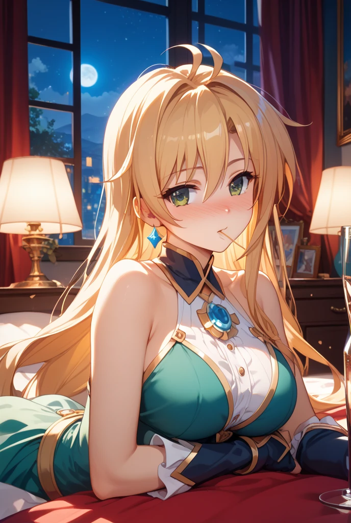 Blonde Hair, choker, (Green Eyes:1.5), Long Hair, break bare shoulders, Blue swimsuit, blush, blush stickers, Cleavage, clavicle, Duel Monsters, Have, Off the shoulder, Pentacles, wizard Have, (Blue clothes:1.5), break looking at viewer, break outdoors, city, break (masterpiece:1.2), highest quality, High resolution, unity 8k wallpaper, (figure:0.8), (Beautiful fine details:1.6), Highly detailed face, Perfect lighting, Highly detailed CG, (Perfect hands, Perfect Anatomy),