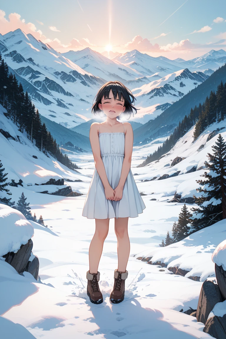 masterpiece, best quality, (closeup face:1,2), 1girl, naked, nipple, pussie, goggles on head, sitting on ground, embrace knees, sad, forest, (polar lights:1.2), aurora borealis, winter, colorful, refflections in goggles, watercolor,