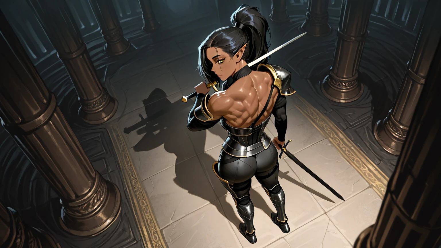 ((Frank Frazetta)), Beautiful full-bodied black woman, 30 years old, African woman, African adornments, muscular and perfect body, ((((back))), (((Large muscular perfect ass))), dreadlock hair, dark skin shiny with oil and sweat, gladiator with little clothing, tiny old leather thong, metal bra covering only small part of large breasts, bleeding wounds, scars all over the body, African tribal tattoo,  White paint on face, left arm covered by metallic gladiator armor, large breasts, generous neckline, holding a shield and a blood-stained spear, brave face, dark kingdom, sexy pose, walking in a dungeon