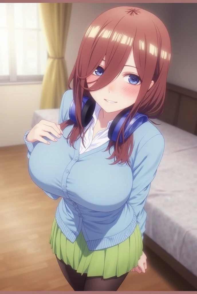 ((8k resolution))、((highest quality))、((masterpiece))、((Very detailed))((((dramatic))), (Anatomically correct)、The depth of the object to write、Looking at the camera、front、Miku Nakano, Long Hair, bangs, blue eyes, Brown Hair, , Hair between the eyes, Hide your chest、Embarrassing、Completely naked、pubic hair、background:bed
