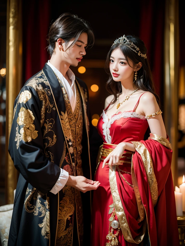 ((Highest quality)), ((masterpiece)), (detailed), (Perfect Face)、The woman is wearing a gorgeous, glittering Hanfu with gold embroidery and trim, and an engagement ring.、On a luxurious bed, a woman embraces a middle-aged Chinese man and has sex with him, making love.