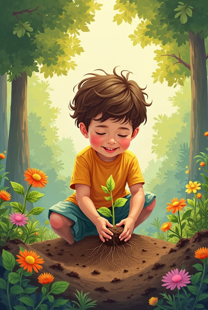 A boy planting plants at school