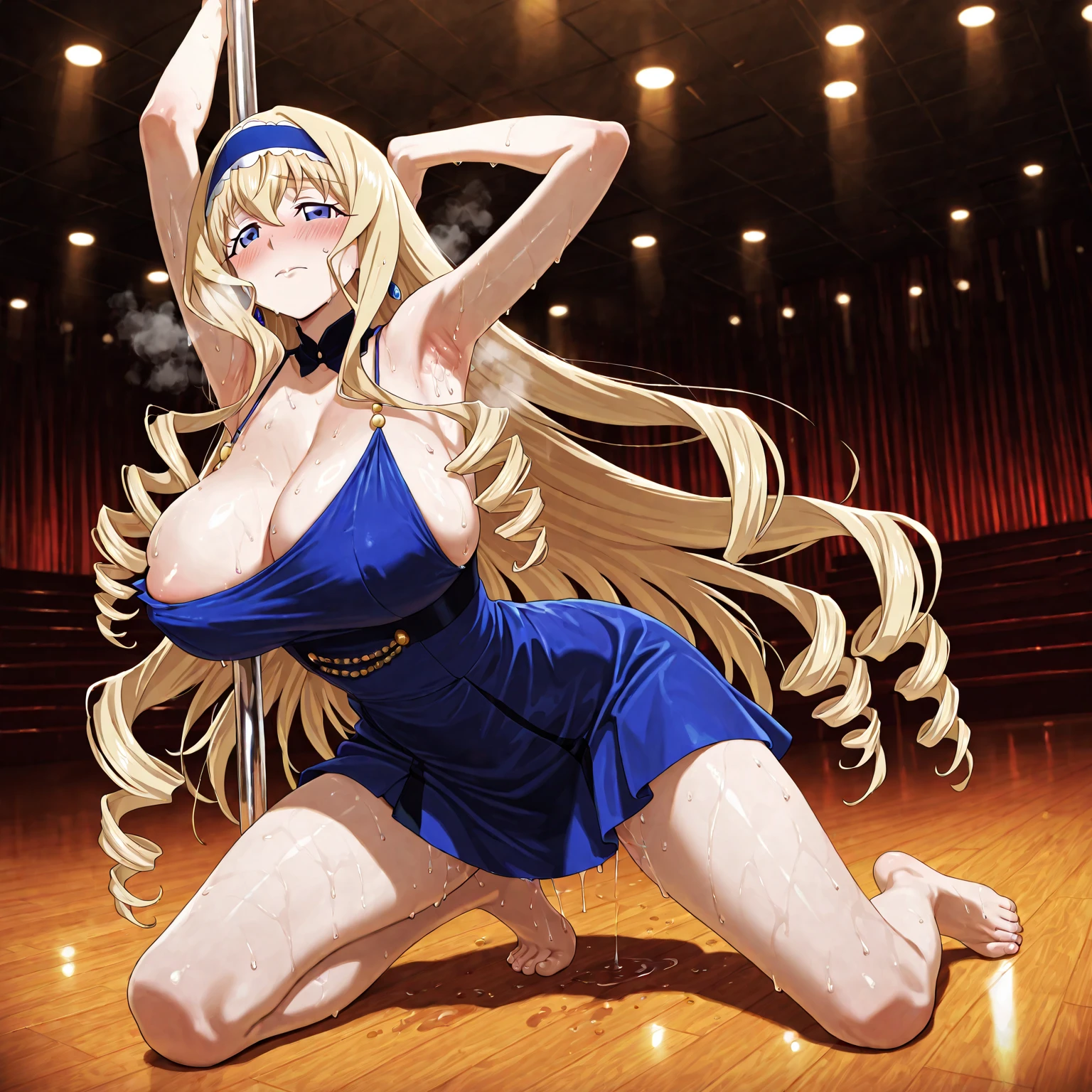 the cartoon girl in bunny costume is holding a syringe into her thigh, syringe, 1girl, blonde hair, long hair, solo, blue eyes, breasts, holding syringe, hat, open mouth, dress, eyepatch, braid, holding, armpits, rabbit ears, animal ears, rabbit tail, smile, nurse cap, jewelry, black dress, earrings, hair ornament