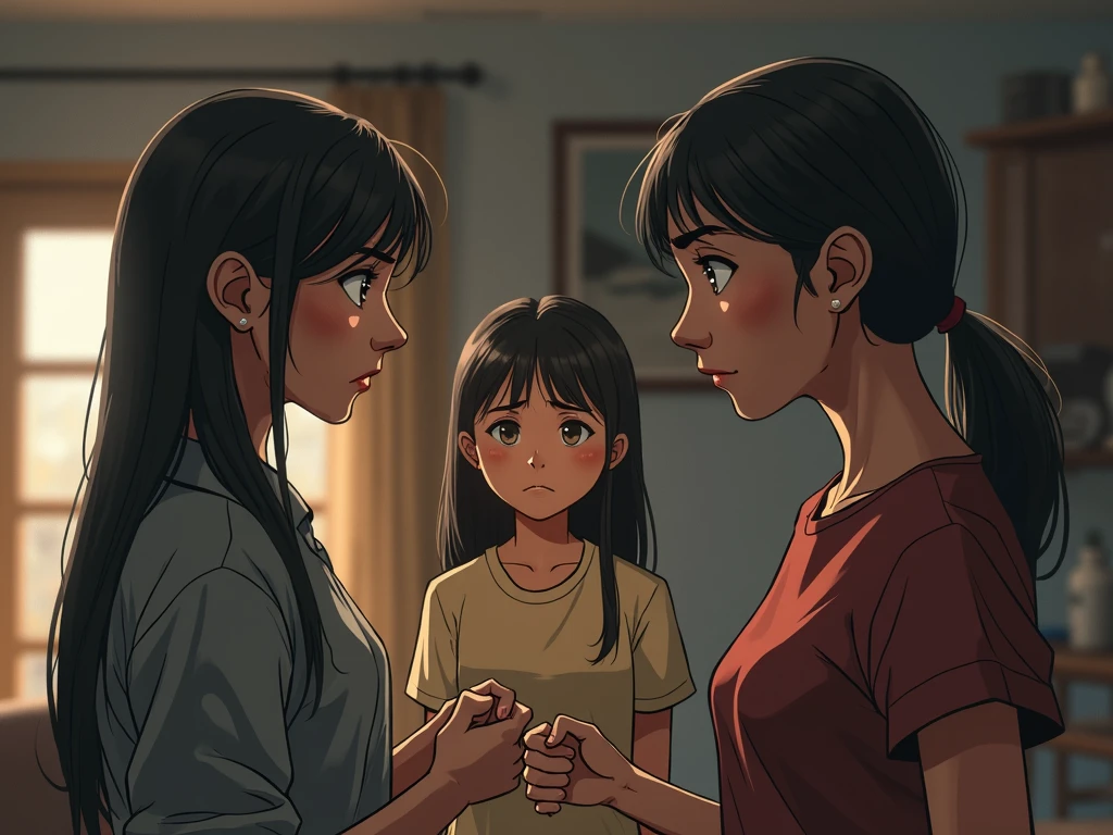 a young girl sitting on a kitchen floor beside her mother. The mother is sitting with her knees drawn up to her chest, head slightly bowed, silently crying. The girl could be shown playing with her mother’s hair, a look of innocent curiosity or mild confusion on her face, reflecting her lack of understanding of the situation. In the background, through an open doorway or a large window, depict the “uncles” on the balcony, pretending to drink from unopened bottles. They are laughing exaggeratedly, with forced smiles that hint at the artificiality of their joy.