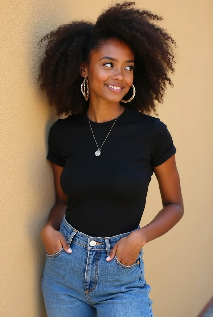 ((perfect photograph)), ((realistic)), ((8k)), (perfect face), gorgeous black woman with dark afro hair, wearing a straight long pink t-shirt and dark jeans, standing towards the camera, sunny day in front of brick wall, torso facing camera, outdoors, lots of light, smiling, lots of plants, bright blue eyes
