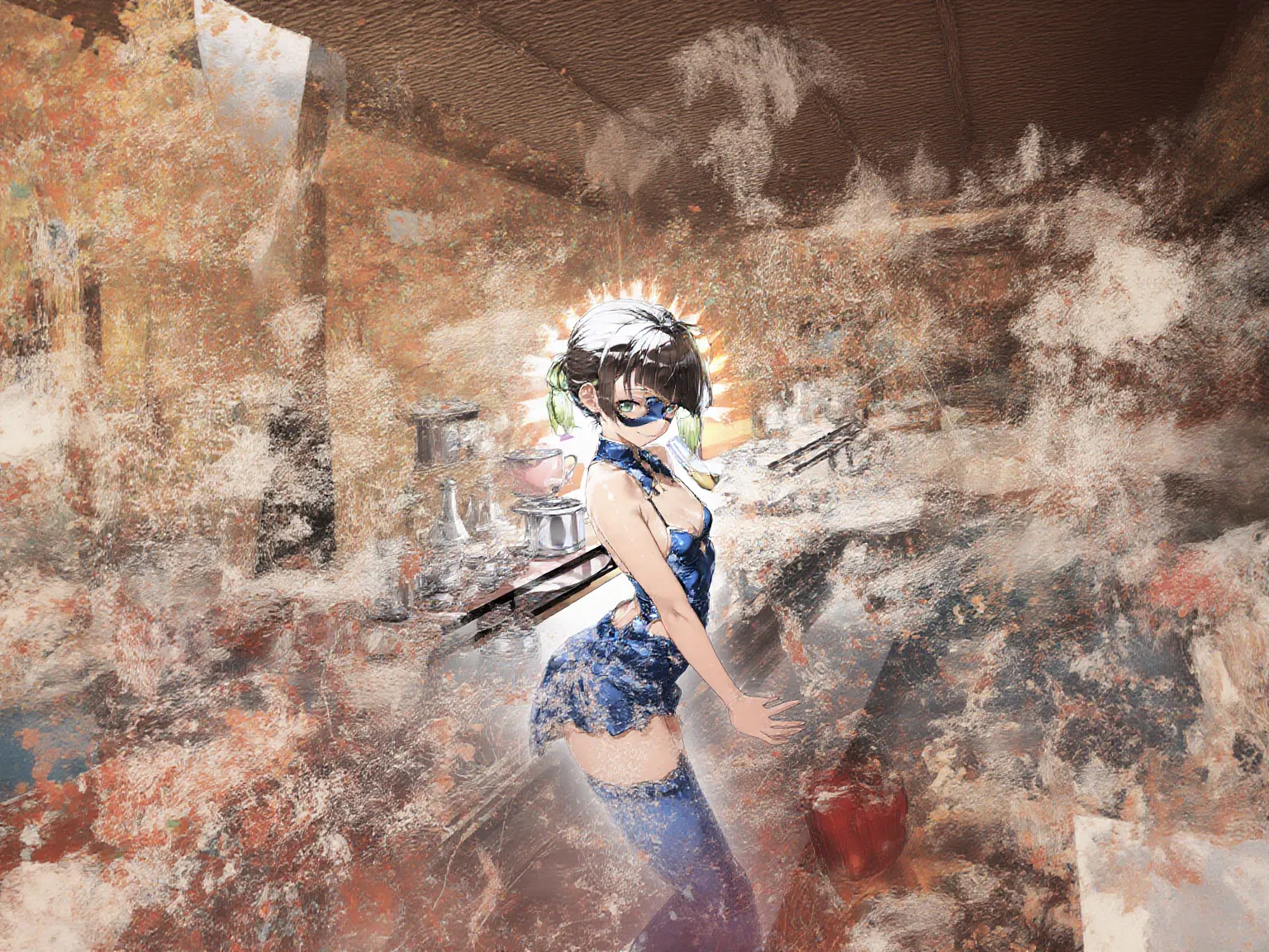 marble statue of a young girl, (naked:1.4), spats (see-through lingerie:1.3), (blushed:1.0), look of contempt,Back alley、Graffiti artist spray painted wall,paint splatter,((((holding Paintbrush))))