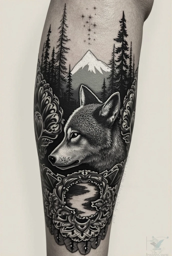 Create a black and white tattoo, original and amazing about a forest with some animal for the man's arm