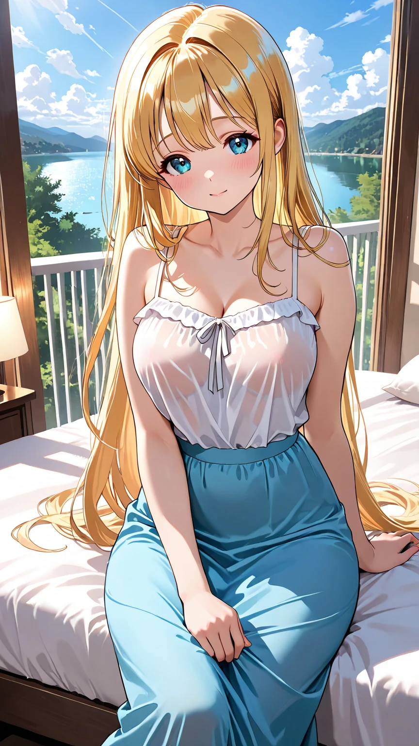 masterpiece, best quality, highly detailed, ultra high res, ayase arisa, 1girl, solo, perfect body, blue eyes, hair ornament, blonde hair, long hair, glossy lips, (see-through nightdress:0.8), bedroom, standing, medium breasts