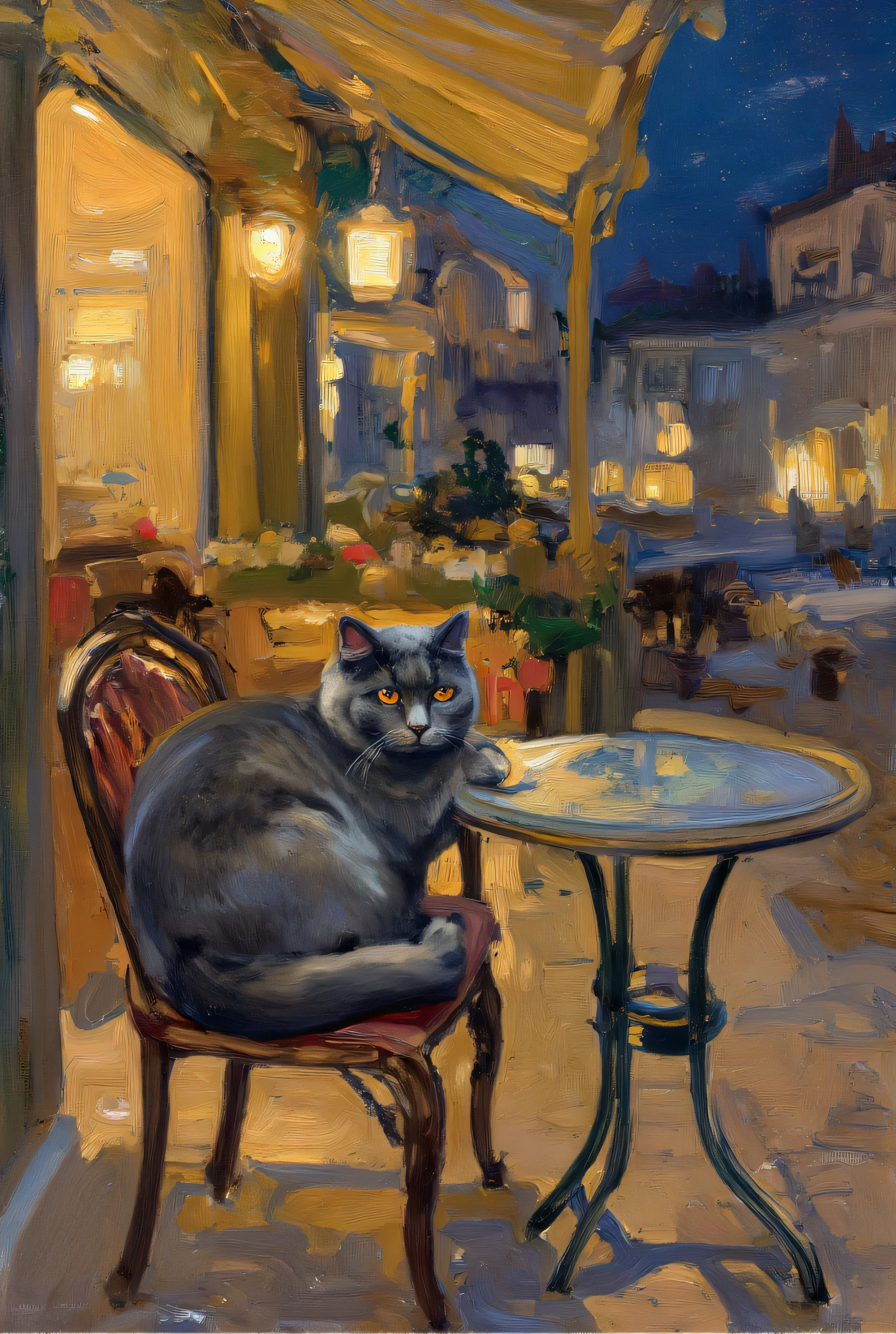 A highly detailed, richly textured Van Gogh–style oil painting inspired by “Café Terrace at Night,” featuring a calm and dignified British Shorthair cat curled up peacefully on a café chair beside a small round table at an outdoor European-style café terrace.
The cat has a compact, muscular body with a plush, dense coat in a classic British Blue (solid gray-blue) color. Its round face, chubby cheeks, and large, expressive copper eyes give it a teddy bear–like charm. The cat’s thick tail is gently wrapped around its paws as it rests or gazes softly at the glowing café lights, exuding serenity and poise.
The scene is bathed in warm, golden café lights, with thick impasto brushstrokes adding vivid texture to the cobblestone street, ornate café furniture, and surrounding architecture.
The night sky is painted faithfully in the style of the original “Café Terrace at Night,” with deep blues and softly glowing stars, enhancing the cozy, timeless atmosphere.
The composition emphasizes vibrant colors, swirling brushwork, and a tactile oil painting style—making it an inviting and visually engaging jigsaw puzzle.