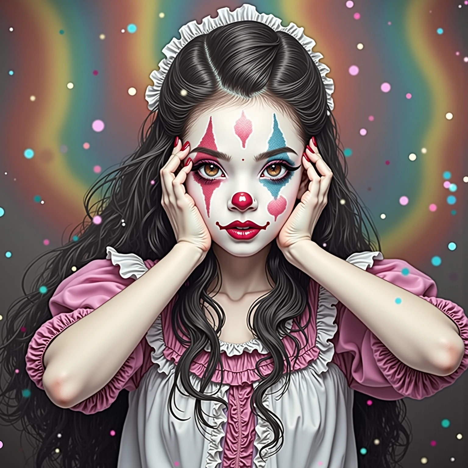 spiderwebs, skulls, wallpaper, there is ugliness in beauty, but there is also beauty in ugliness. desolate, abstract, surrealistic, cotton candy, swamp, funeral, futuristic,in the style of adrian ghenie, esao andrews, jenny saville, edward hopper, surrealism, dark art by james jean, takato yamamoto, inkpunk minimalism, voodoo princess with black hair and black eyes, skinny and extremely beautiful face, creepy clowns in the background
